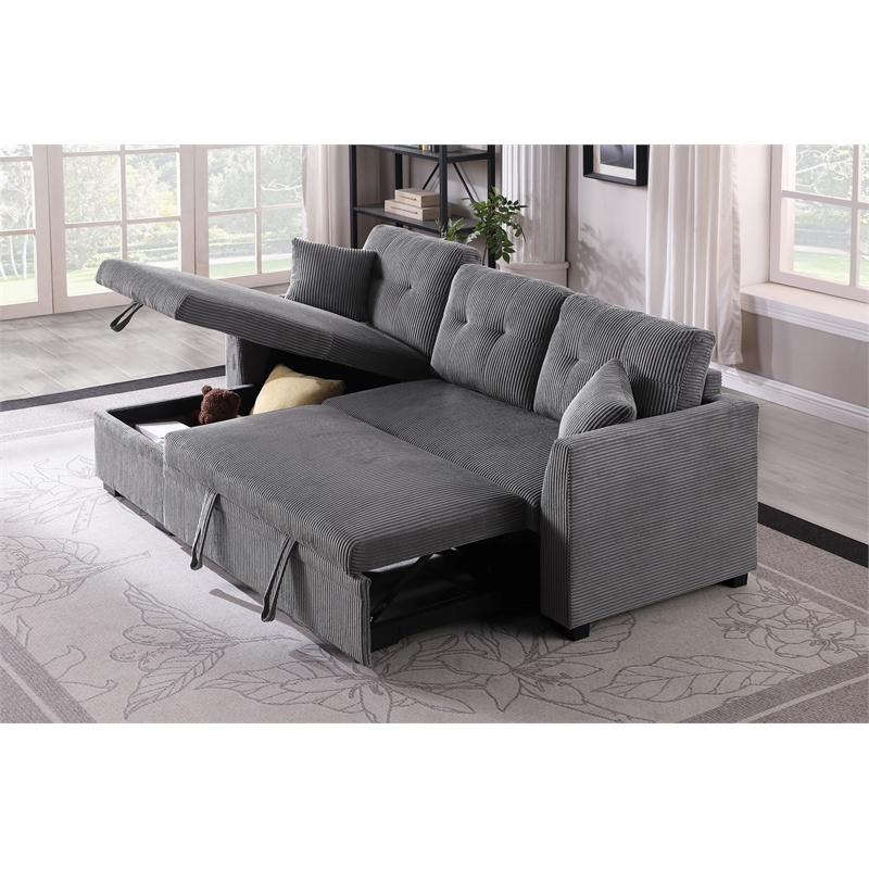 Pemberly Row Corduroy Sleeper Sofa Bed with Storage Chaise in Dark Gray