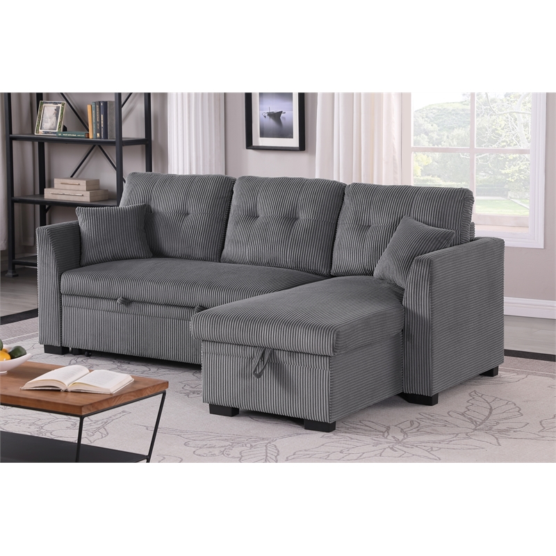 Pemberly Row Corduroy Sleeper Sofa Bed with Storage Chaise in Dark Gray