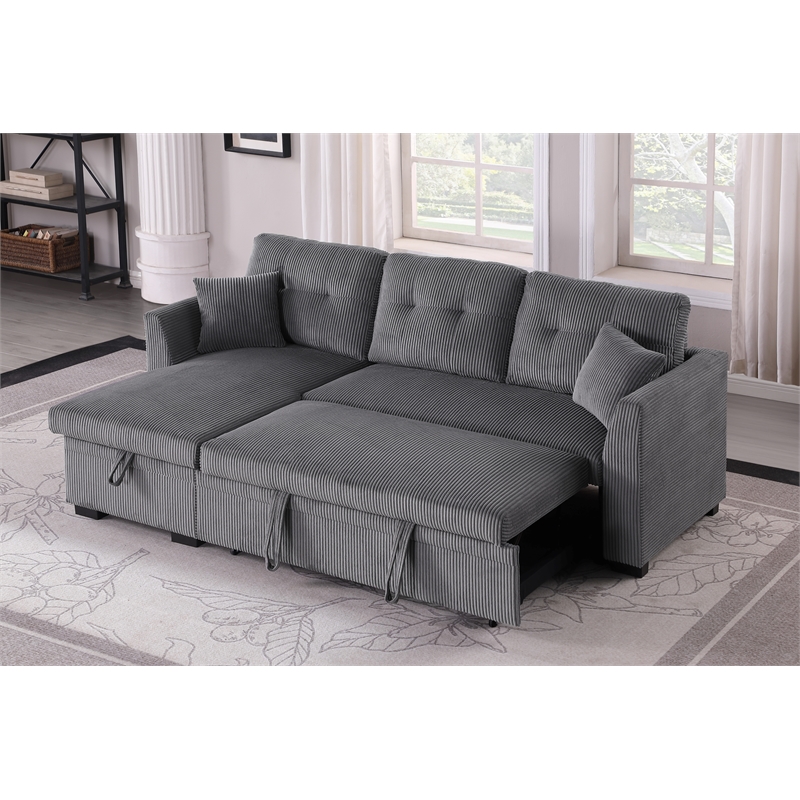 Pemberly Row Corduroy Sleeper Sofa Bed with Storage Chaise in Dark Gray
