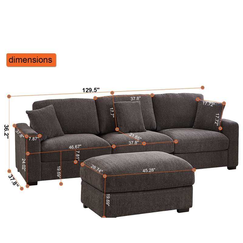 Pemberly Row Chenille 3-Seat Sectional Sofa with Chaise in Dark Gray