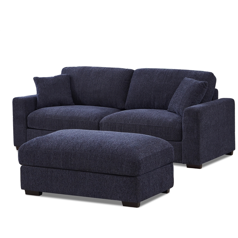 Pemberly Row Chenille Modular Loveseat with Ottoman Chaise in Blue