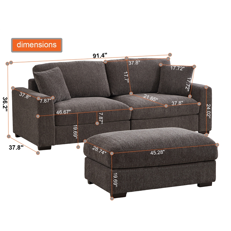 Pemberly Row Chenille Modular Loveseat with Ottoman Chaise in Dark Gray