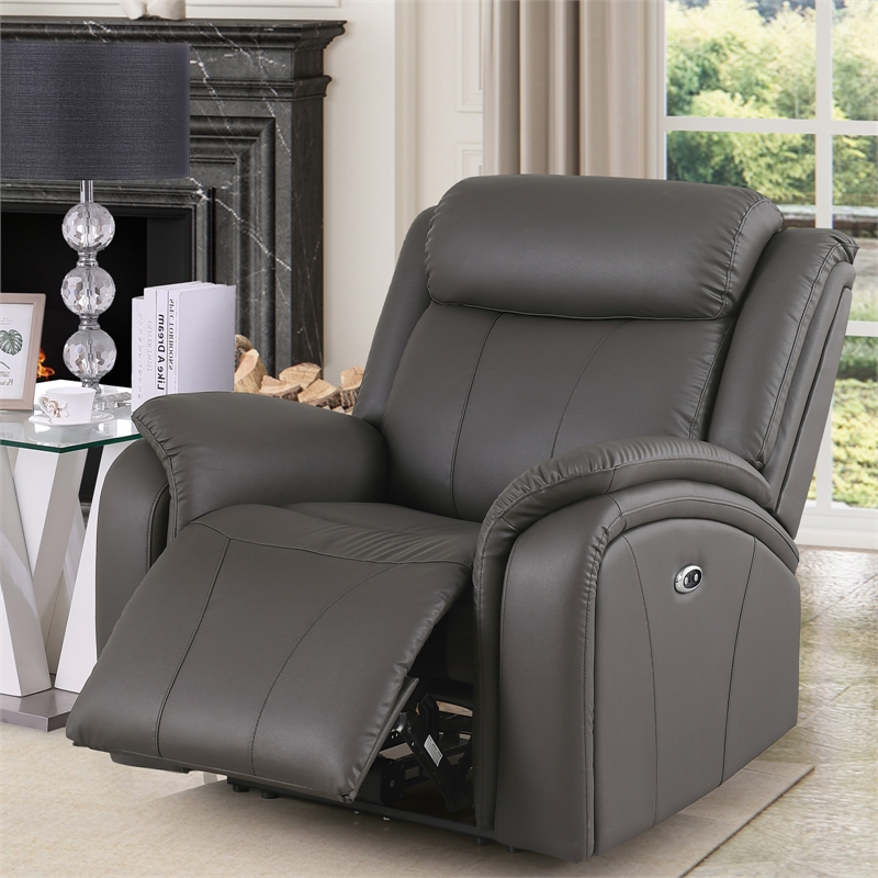 Pemberly Row Leather Power Reclining Armchair for Home Theater in Gray