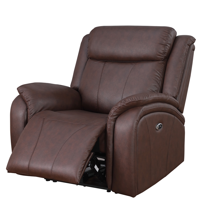 Pemberly Row Leather Power Reclining Armchair for Home Theater in Brown