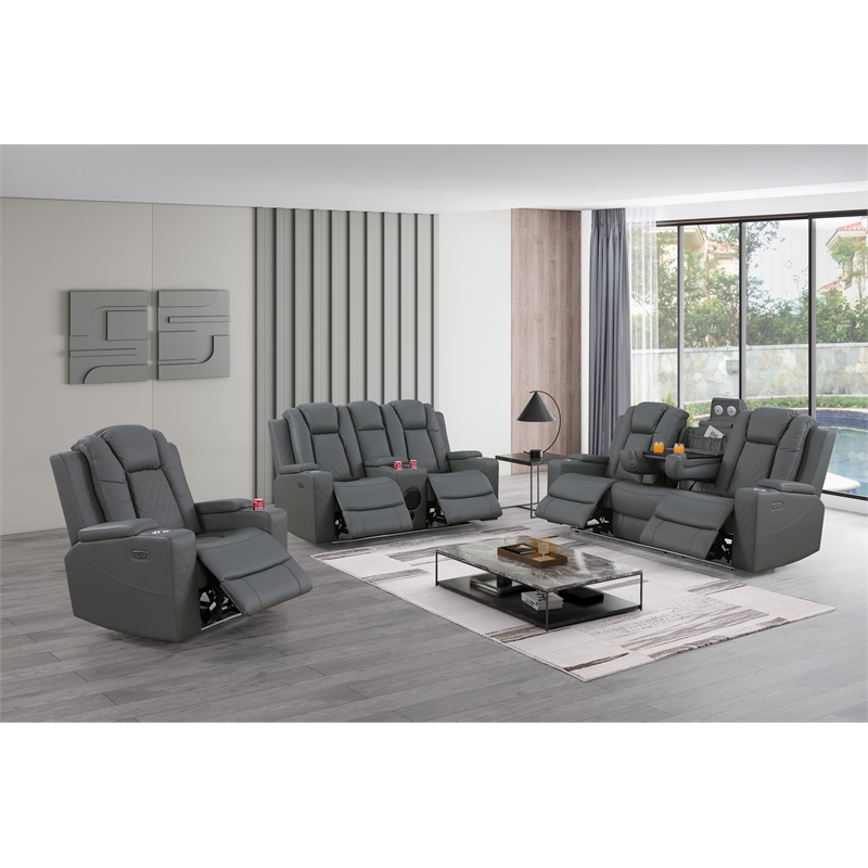 Pemberly Row Faux Leather Recliner with Cup Holder Speaker & USB in Gray