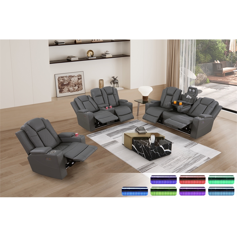 Pemberly Row Faux Leather Recliner with Cup Holder Speaker & USB in Gray