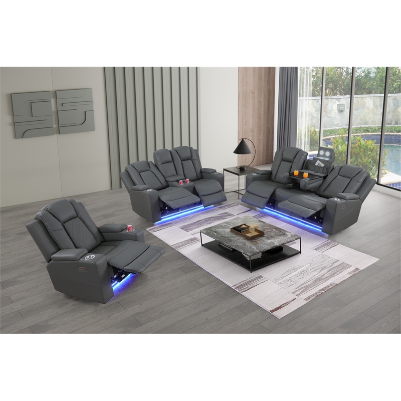 Pemberly Row Faux Leather Recliner with Cup Holder Speaker & USB in Gray