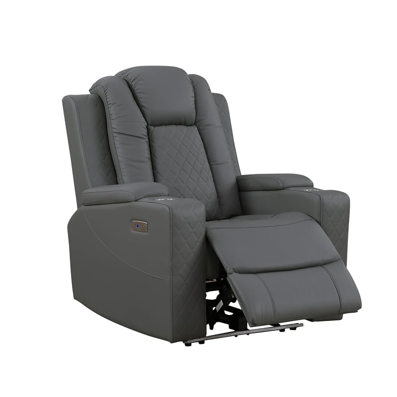 Pemberly Row Faux Leather Recliner with Cup Holder Speaker & USB in Gray