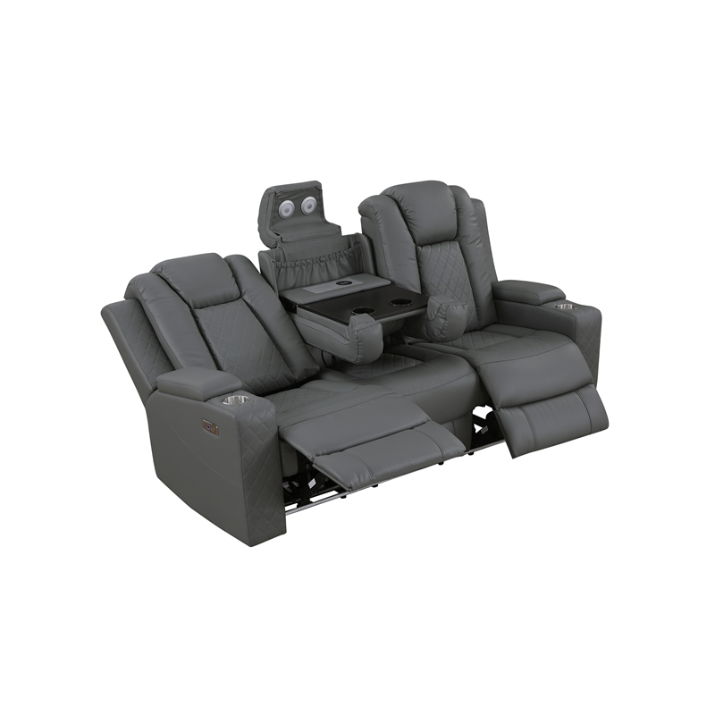 Pemberly Row Faux Leather Recliner with Cup Holder Speaker & USB in Gray