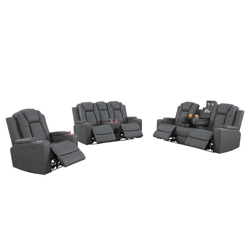 Pemberly Row Faux Leather Recliner with Cup Holder Speaker & USB in Gray