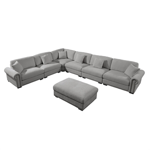 Pemberly Row Polyester 6-Seat Sectional Sofa with Ottoman in Light Gray