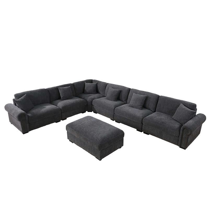 Pemberly Row Polyester 6-Seat Sectional Sofa with Ottoman in Dark Gray