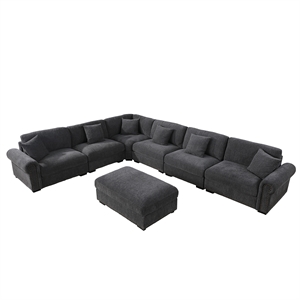 Pemberly Row Polyester 6-Seat Sectional Sofa with Ottoman in Dark Gray