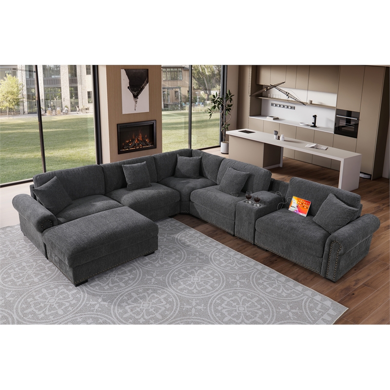 Pemberly Row Sectional Sofa with Ottoman Cup Holder & Charger in Dark Gray