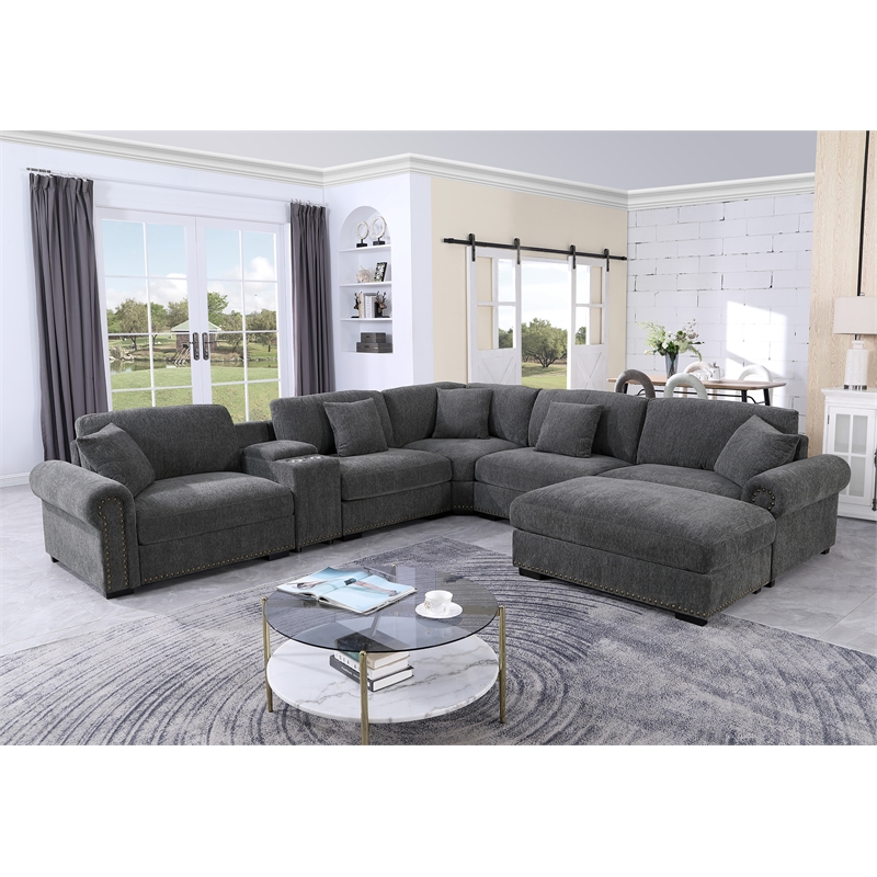 Pemberly Row Sectional Sofa with Ottoman Cup Holder & Charger in Dark Gray
