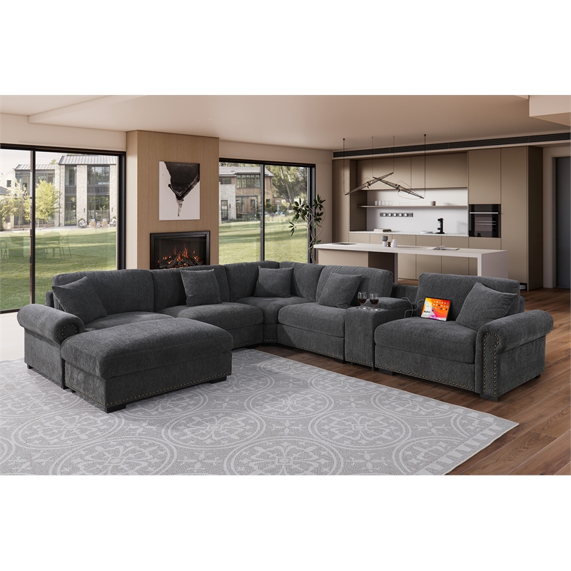 Pemberly Row Sectional Sofa with Ottoman Cup Holder & Charger in Dark Gray