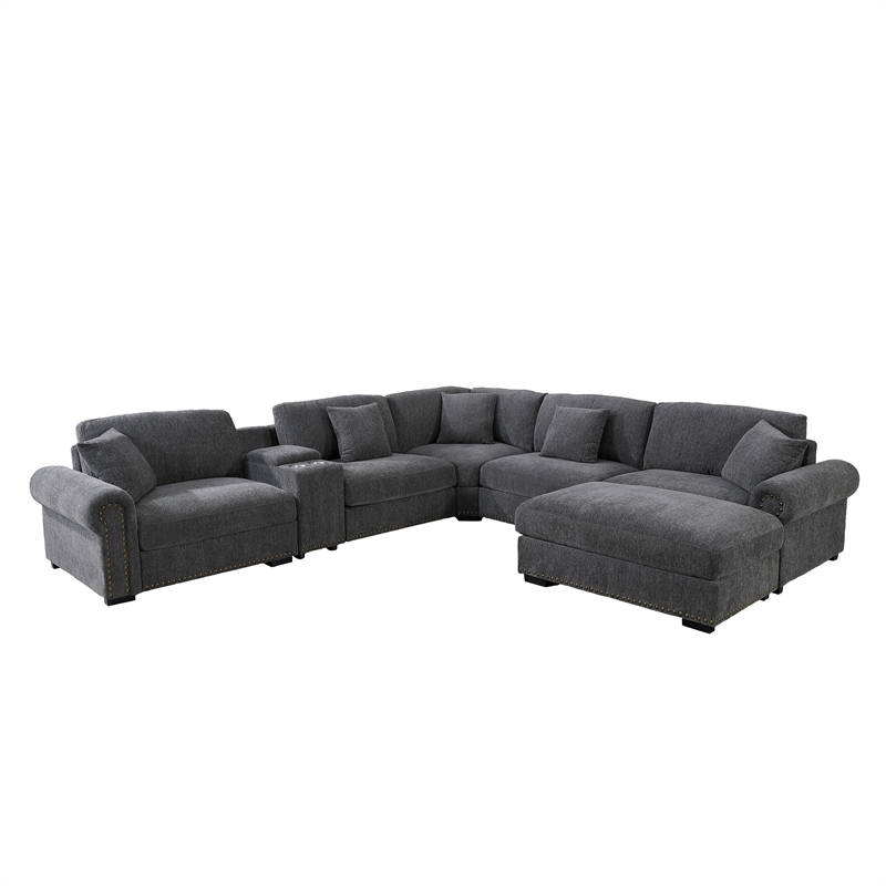 Pemberly Row Sectional Sofa with Ottoman Cup Holder & Charger in Dark Gray