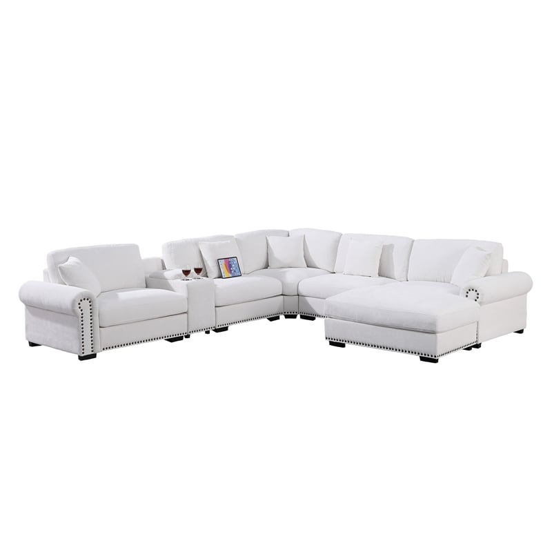 Pemberly Row Sectional Sofa with Ottoman Cup Holder & Charger in White