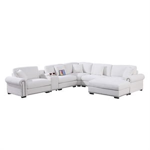 Pemberly Row Sectional Sofa with Ottoman Cup Holder & Charger in White