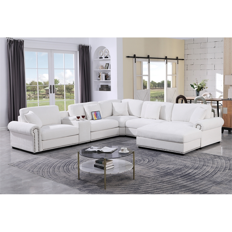 Pemberly Row Sectional Sofa with Ottoman Cup Holder & Charger in White