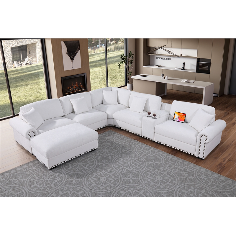 Pemberly Row Sectional Sofa with Ottoman Cup Holder & Charger in White