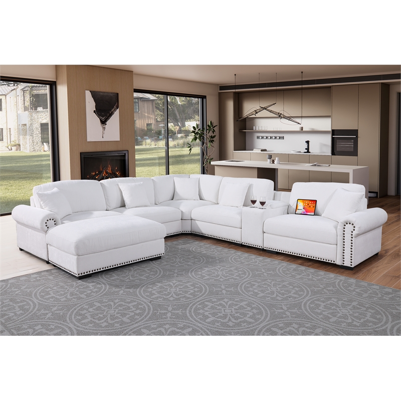 Pemberly Row Sectional Sofa with Ottoman Cup Holder & Charger in White