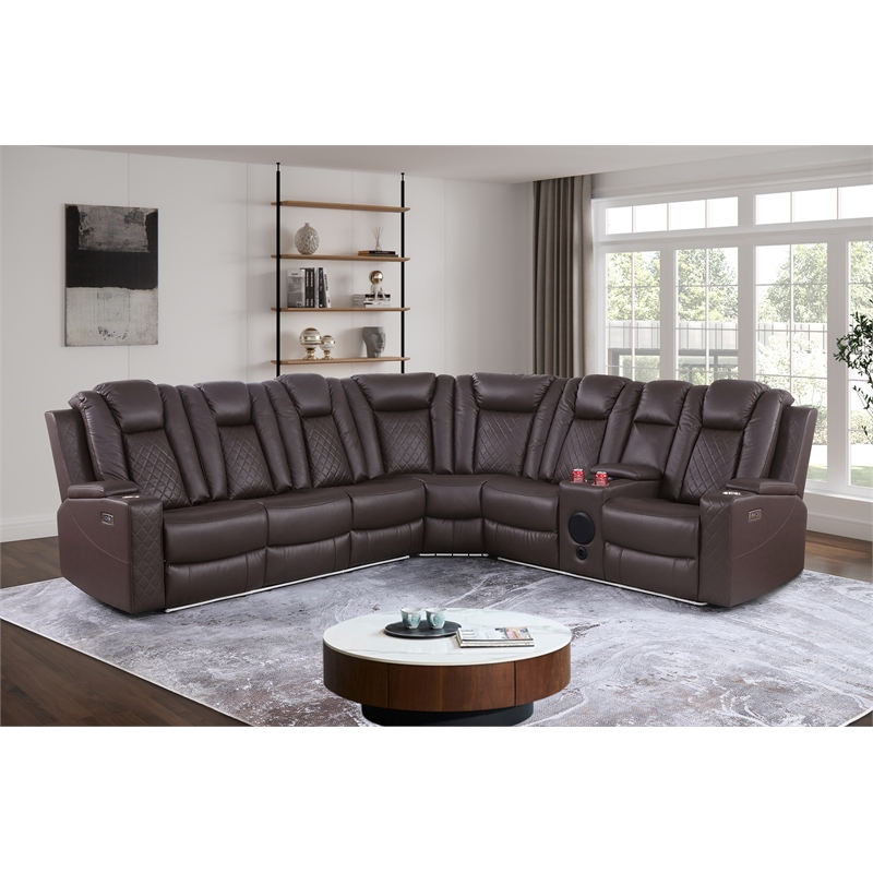 Pemberly Row Faux Leather Recliner with Cup Holder Speaker & USB in Brown