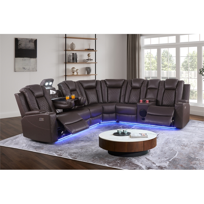 Pemberly Row Faux Leather Recliner with Cup Holder Speaker & USB in Brown