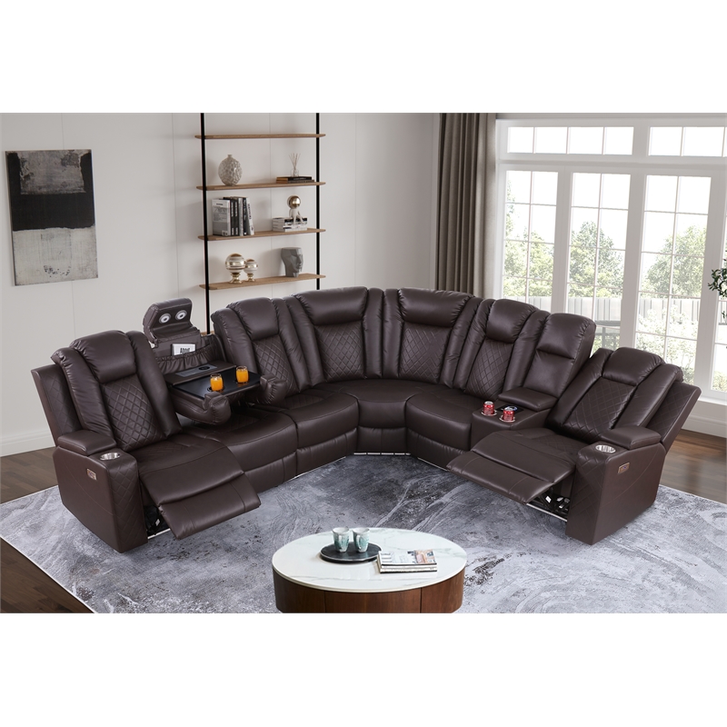 Pemberly Row Faux Leather Recliner with Cup Holder Speaker & USB in Brown