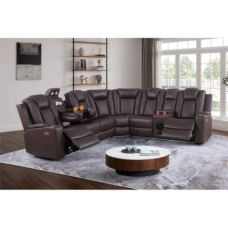 Pemberly Row Faux Leather Recliner with Cup Holder Speaker & USB in Brown