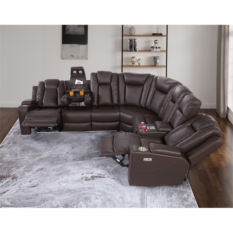 Pemberly Row Faux Leather Recliner with Cup Holder Speaker & USB in Brown