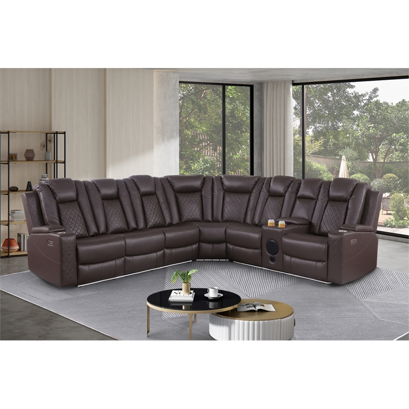 Pemberly Row Faux Leather Recliner with Cup Holder Speaker & USB in Brown