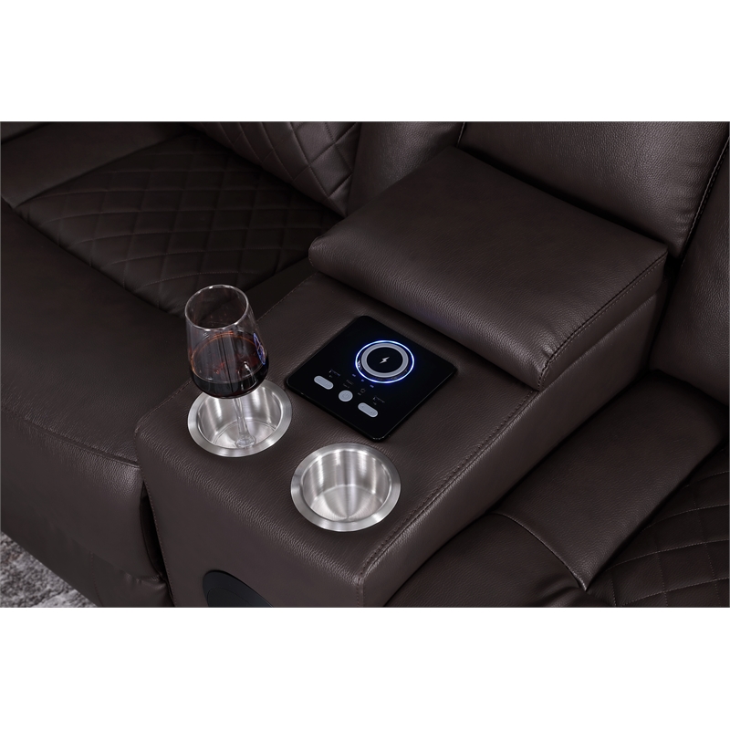 Pemberly Row Faux Leather Recliner with Cup Holder Speaker & USB in Brown