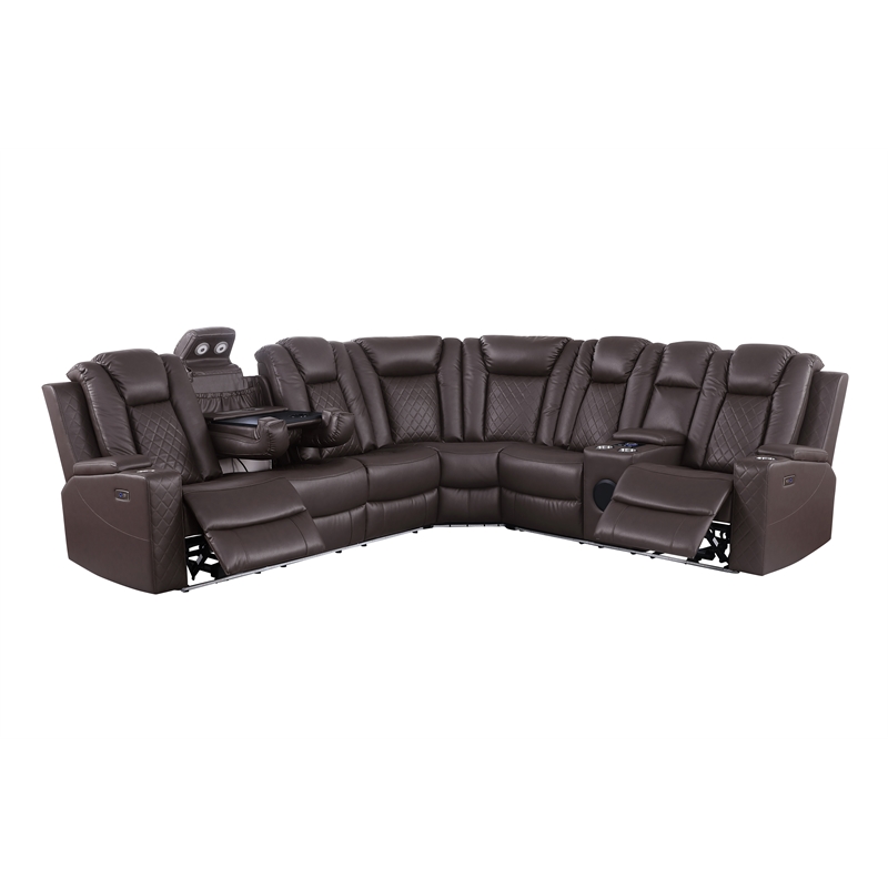 Pemberly Row Faux Leather Recliner with Cup Holder Speaker & USB in Brown