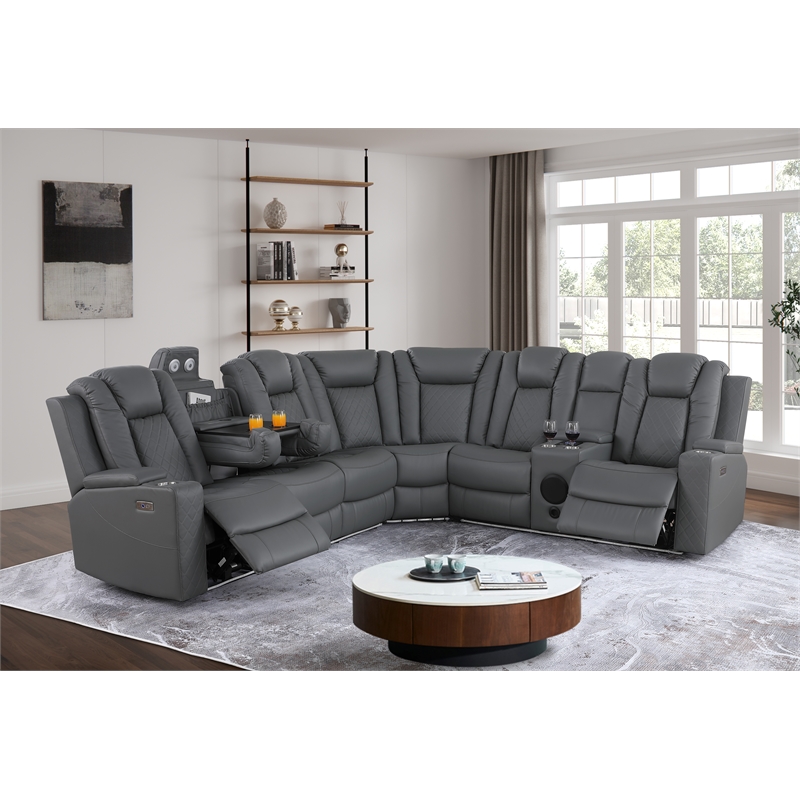 Pemberly Row Faux Leather Recliner with Cup Holder Speaker & USB in Gray
