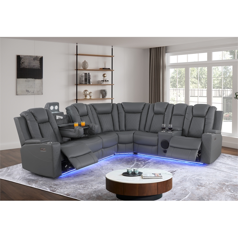 Pemberly Row Faux Leather Recliner with Cup Holder Speaker & USB in Gray