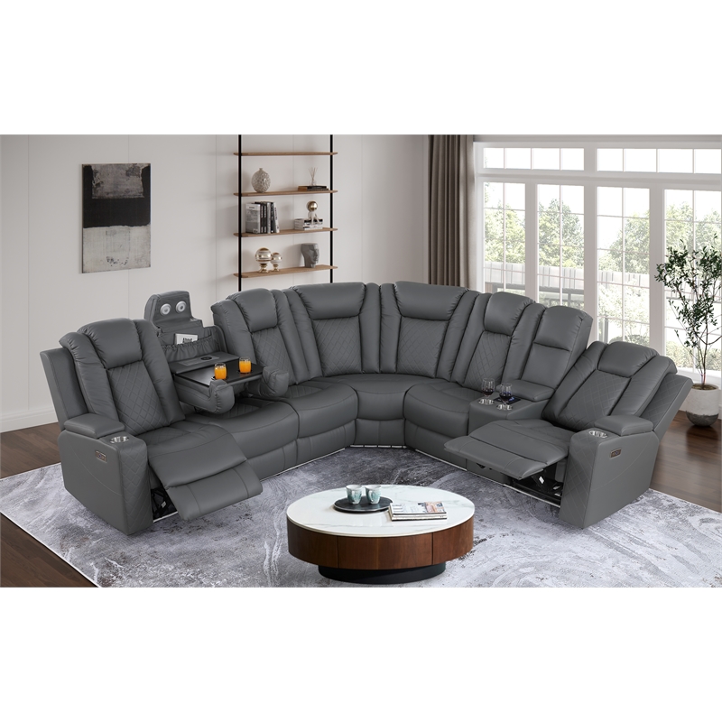 Pemberly Row Faux Leather Recliner with Cup Holder Speaker & USB in Gray