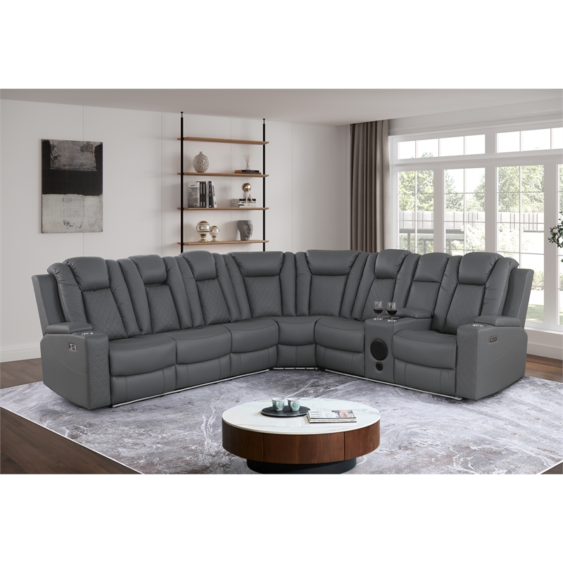 Pemberly Row Faux Leather Recliner with Cup Holder Speaker & USB in Gray
