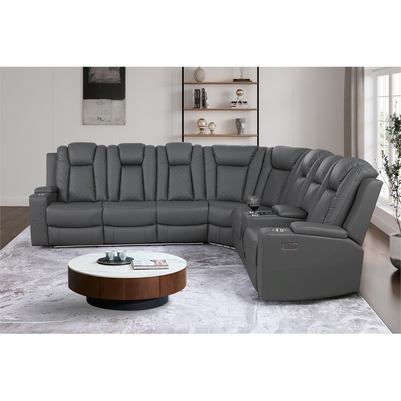 Pemberly Row Faux Leather Recliner with Cup Holder Speaker & USB in Gray