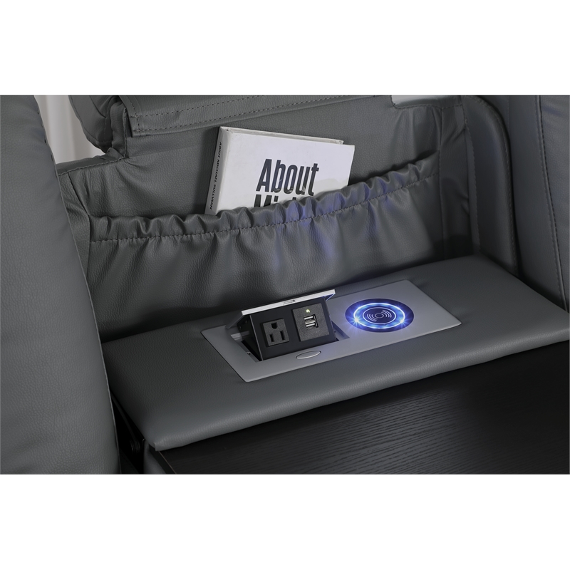 Pemberly Row Faux Leather Recliner with Cup Holder Speaker & USB in Gray