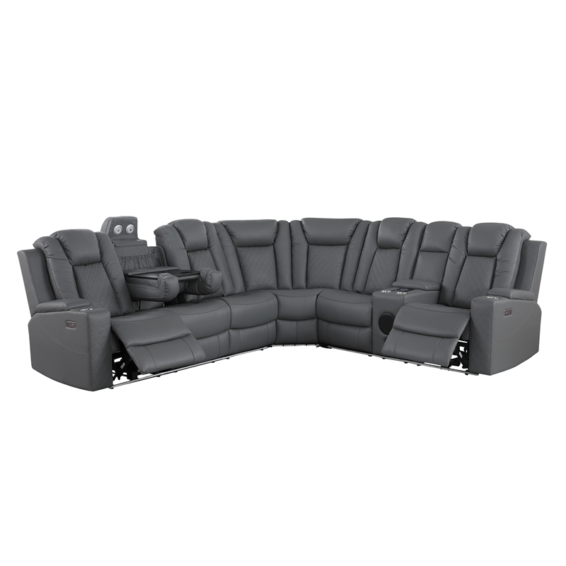 Pemberly Row Faux Leather Recliner with Cup Holder Speaker & USB in Gray