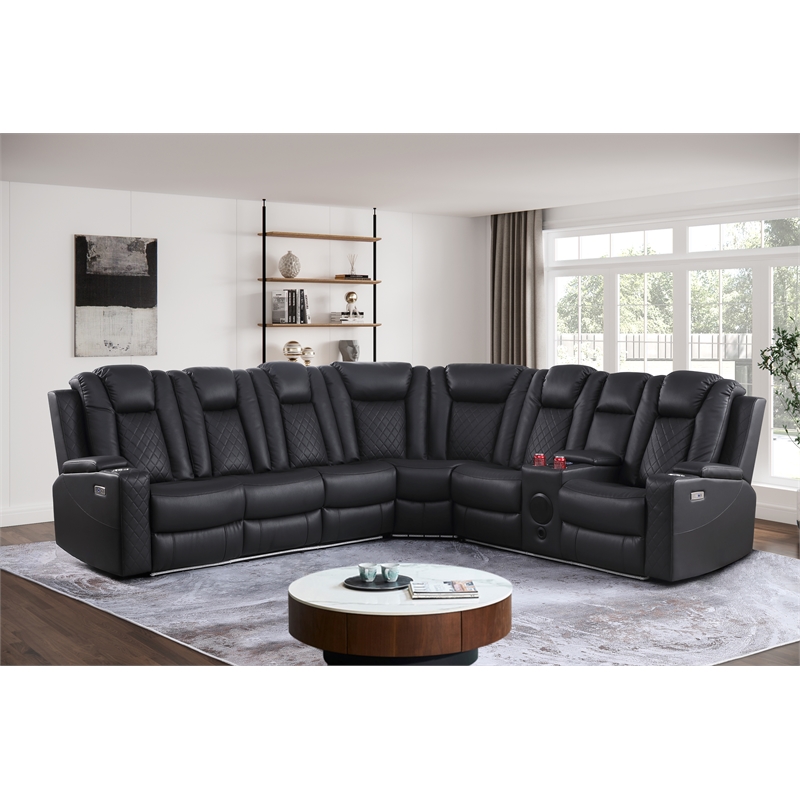 Pemberly Row Faux Leather Recliner with Cup Holder Speaker & USB in Black