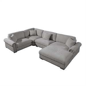 Pemberly Row Polyester 4-Seat Sectional Sofa with Ottoman in Light Gray