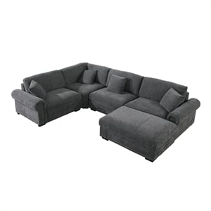 Pemberly Row Polyester 4-Seat Sectional Sofa with Ottoman in Dark Gray