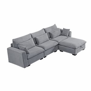 Pemberly Row Corduroy Sectional Sofa with Storage Ottoman in Light Gray