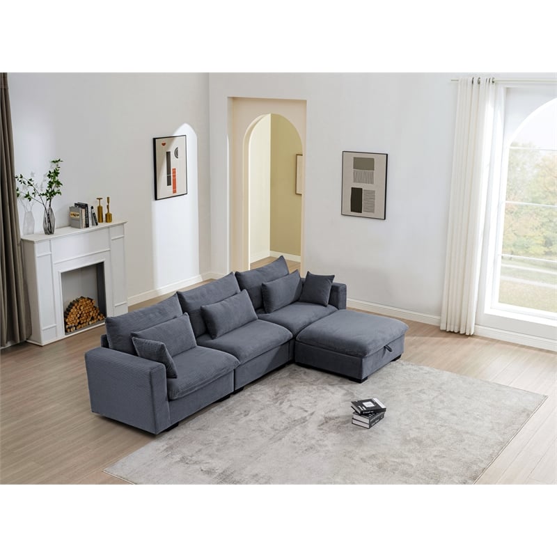 Pemberly Row Corduroy Sectional Sofa with Storage Ottoman in Dark Gray