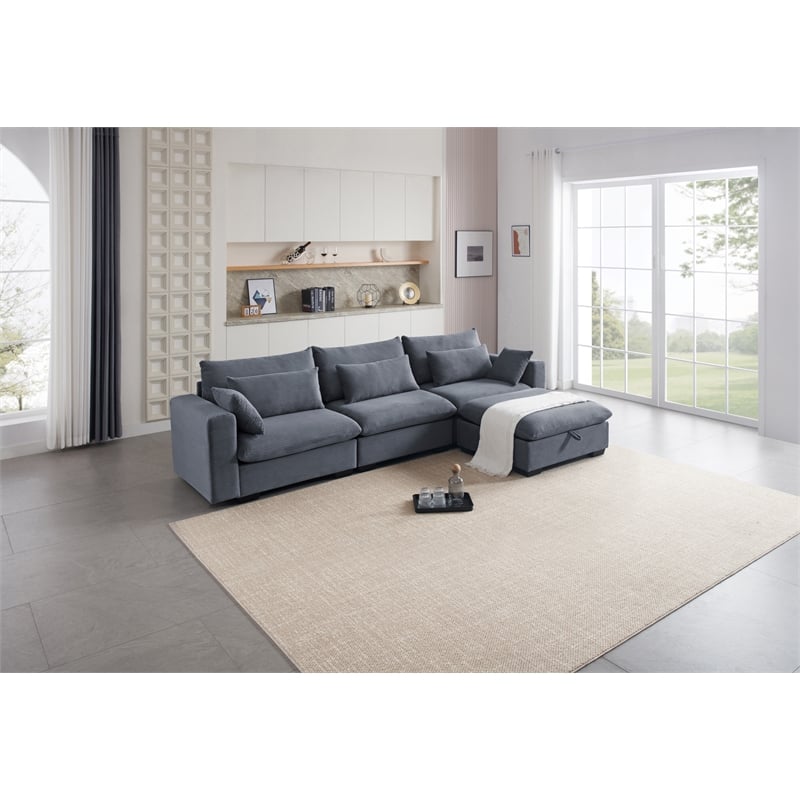 Pemberly Row Corduroy Sectional Sofa with Storage Ottoman in Dark Gray
