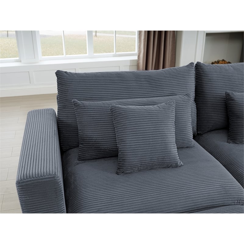 Pemberly Row Corduroy Sectional Sofa with Storage Ottoman in Dark Gray