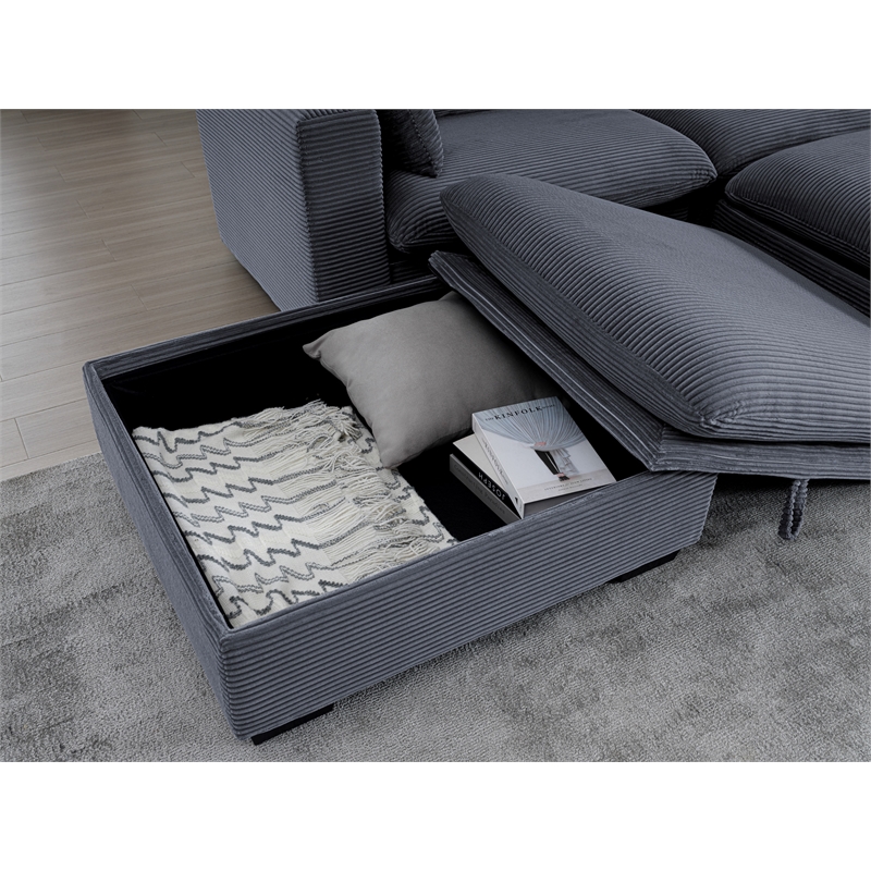 Pemberly Row Corduroy Sectional Sofa with Storage Ottoman in Dark Gray