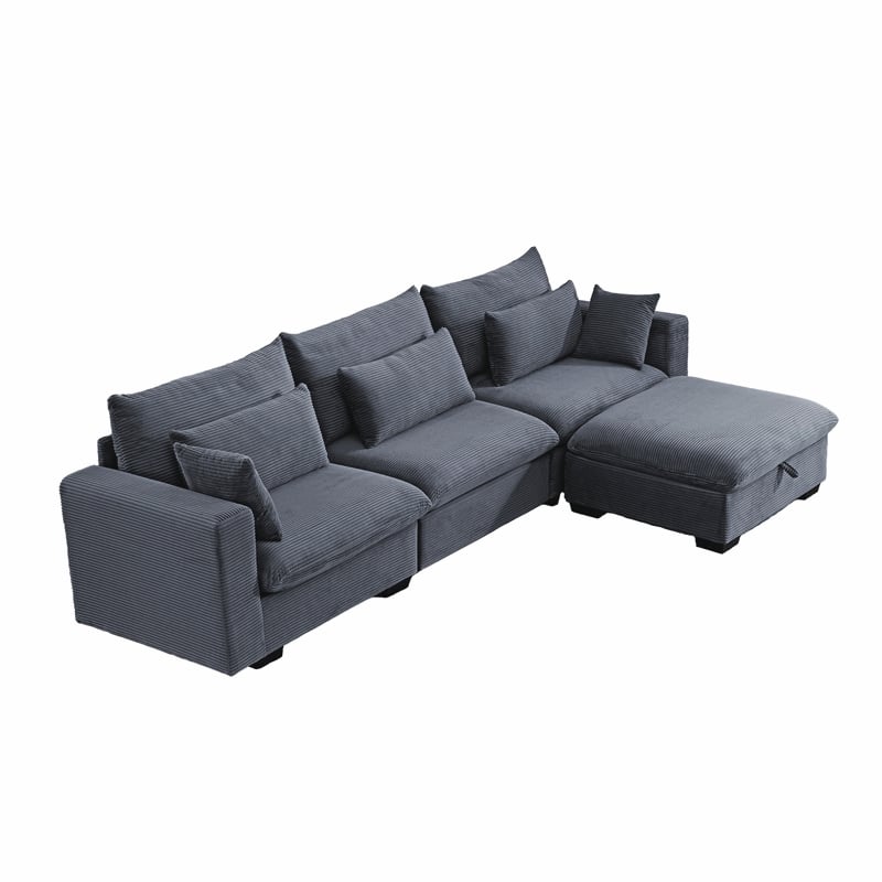 Pemberly Row Corduroy Sectional Sofa with Storage Ottoman in Dark Gray